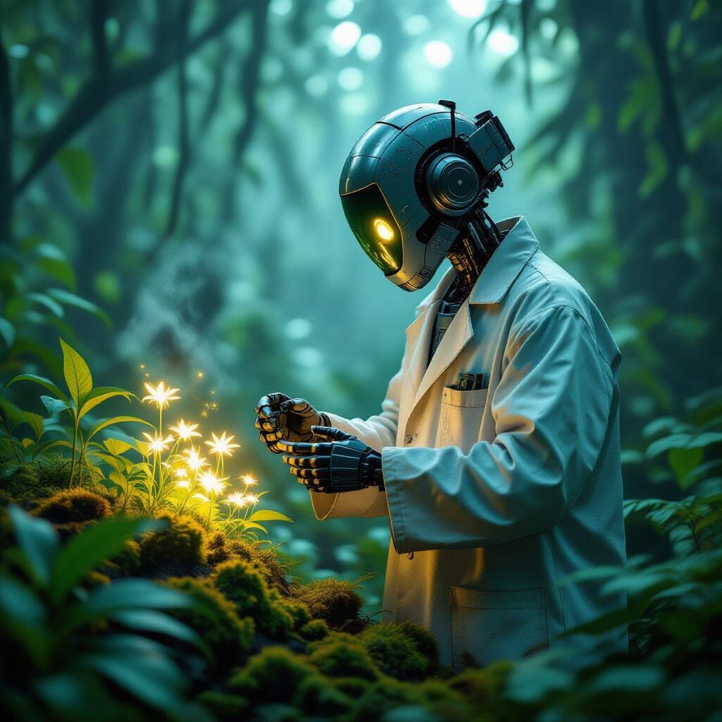 Digital illustration. A lone robot scientist examines glowing alien flora in a dense, misty jungle. The plants emit a soft, ethereal biolumi...