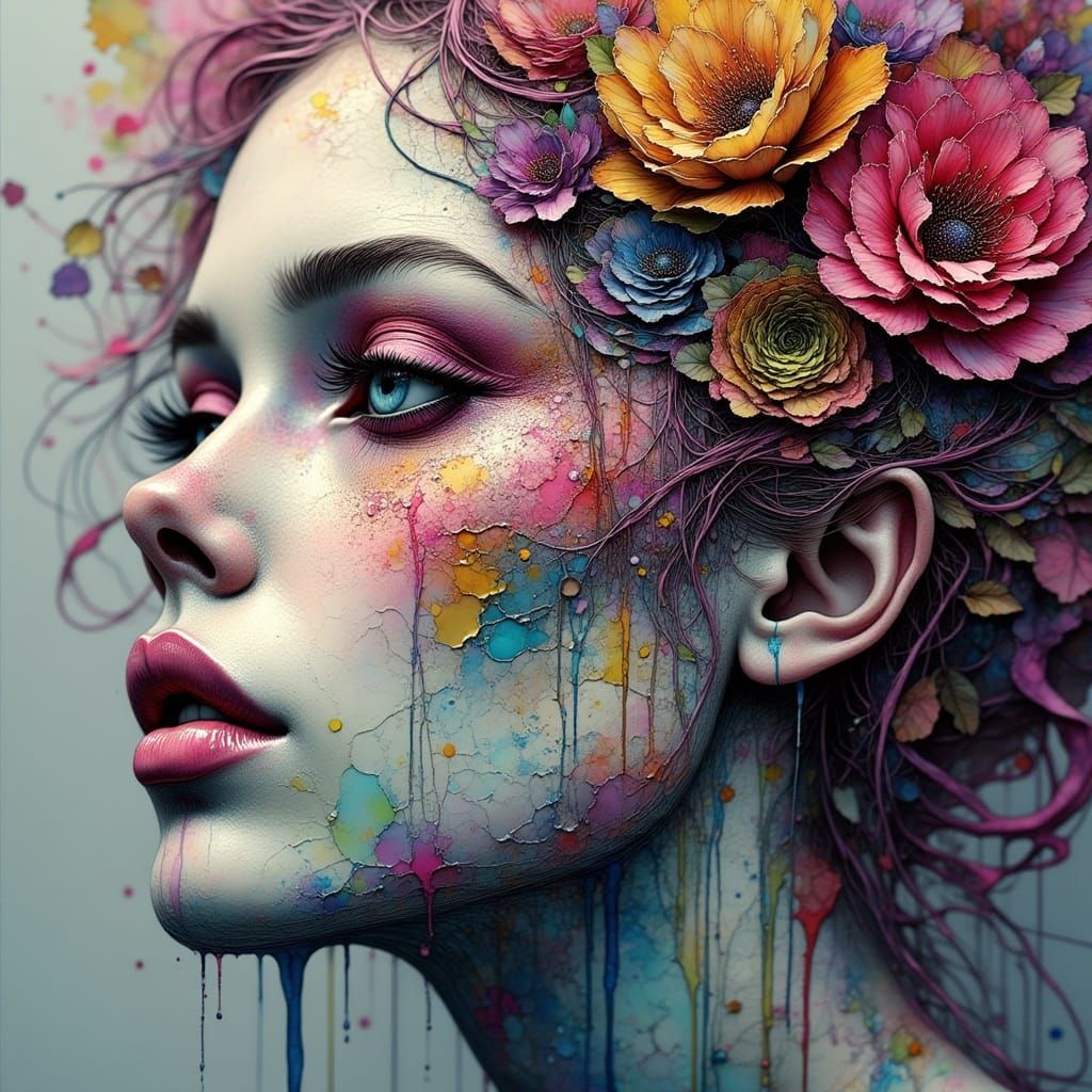 <lora:Abstract Reality:1.0> Kaiber style: A surreal transformation scene: A porcelain face with a floral crown begins to melt. The flowers d...