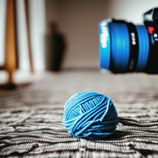 A large ball of blue yarn strung across the floor