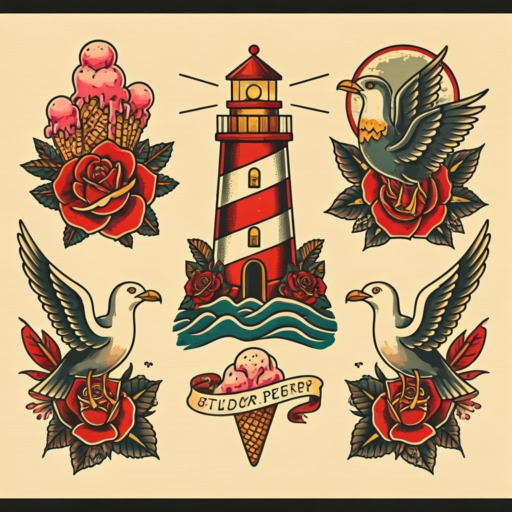 Tattoo flash sheet, old-school style lighthouse tattoo designs with roses and ice cream, seagull tattoo ...  by @Elena