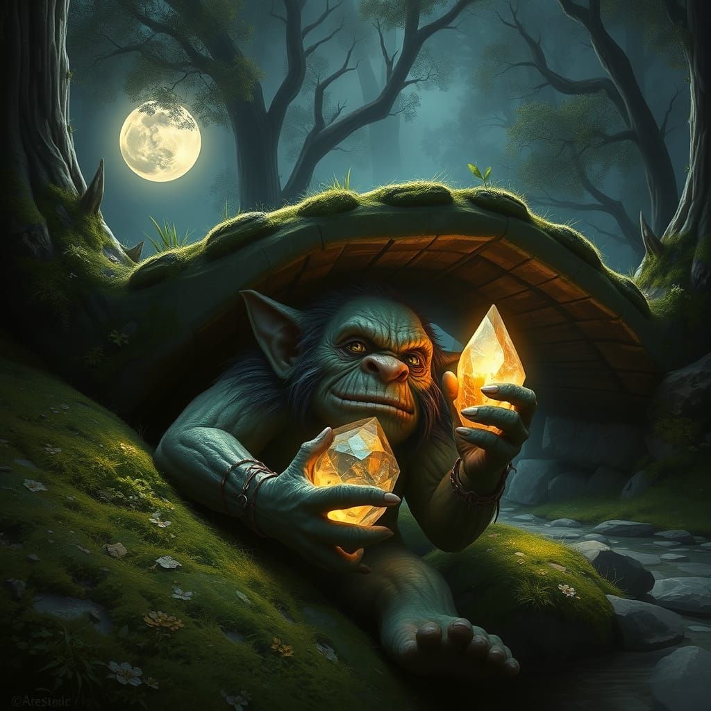 Digital painting. A moss-covered troll hides under a bridge, clutching a glowing crystal. Moonlight filters through the trees. Best quality,...