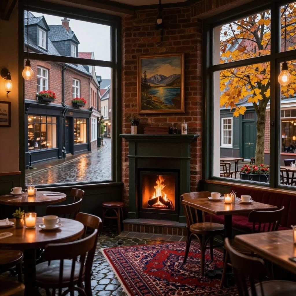 Cozy, warm interior of a quaint European cafe or pub, viewed from inside, looking out through large, ...  by @White Rabbit