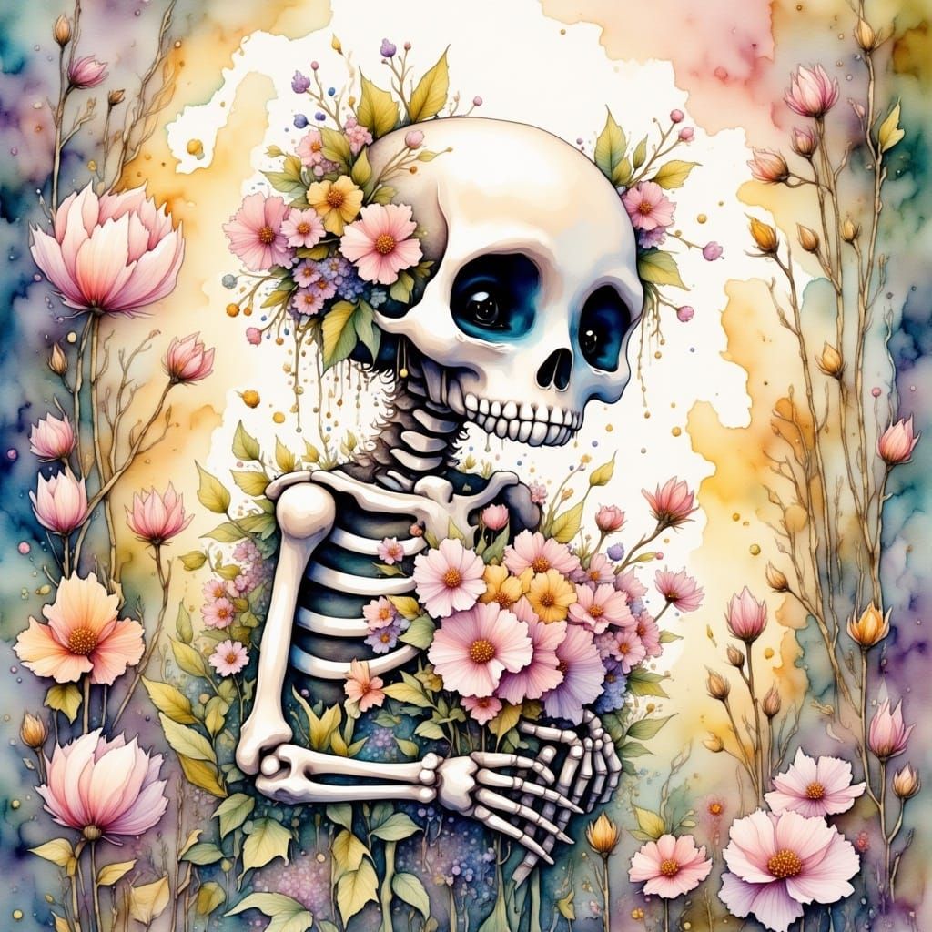 <lora:MrsH Watercolor:1.0>  portrait of cute small skeleton with flowers, hyperdetailed and highly intricate beautiful colorful fantasy book...