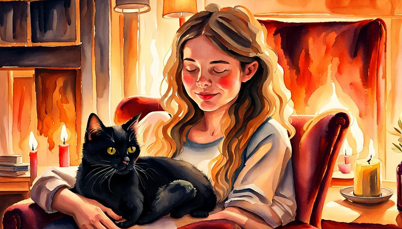 Cosy night in petting my cat in front of the fire.