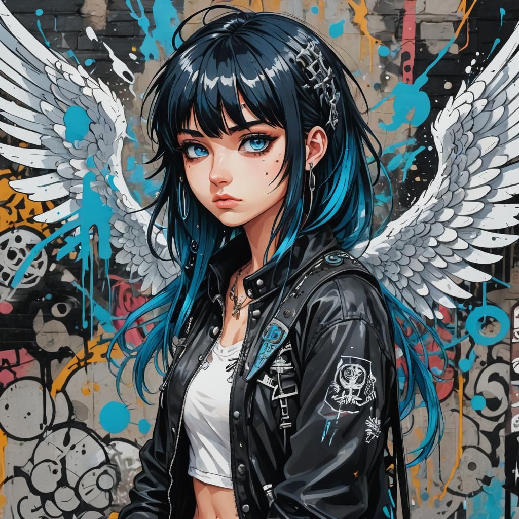 Punk rock girl angel with black bangs and blue eyes Masterpi...