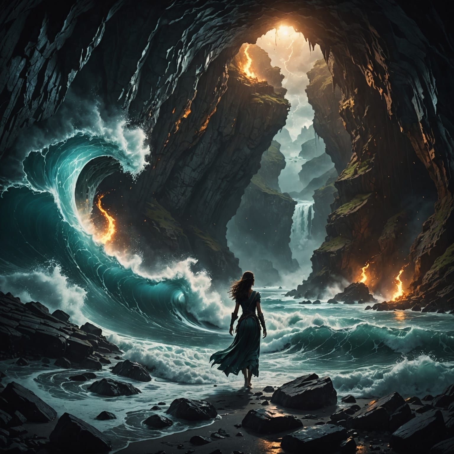 inside a dark cave lit with torches, filled halfway with ocean water, a half-woman with a serpent's tail is swallowed by the crashing white ...