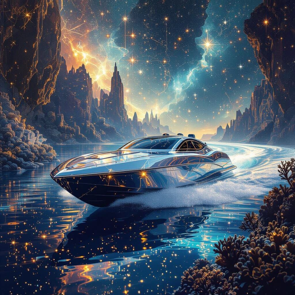 A sleek, chrome stealth boat navigating a nebula made of liquid starlight, with holographic coral reefs glowing below. The sky is filled wit...