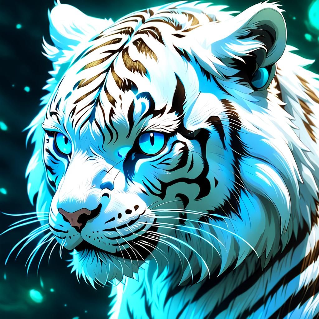 anime key visual. close up shot. mythical white tiger
