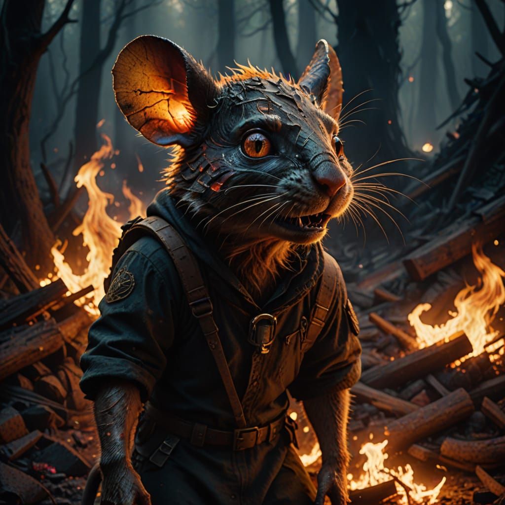 Dark fantasy battlefield — ruined alien marketplace in flames, stalls shattered, strange relics broken, smoke and glowing embers filling the...