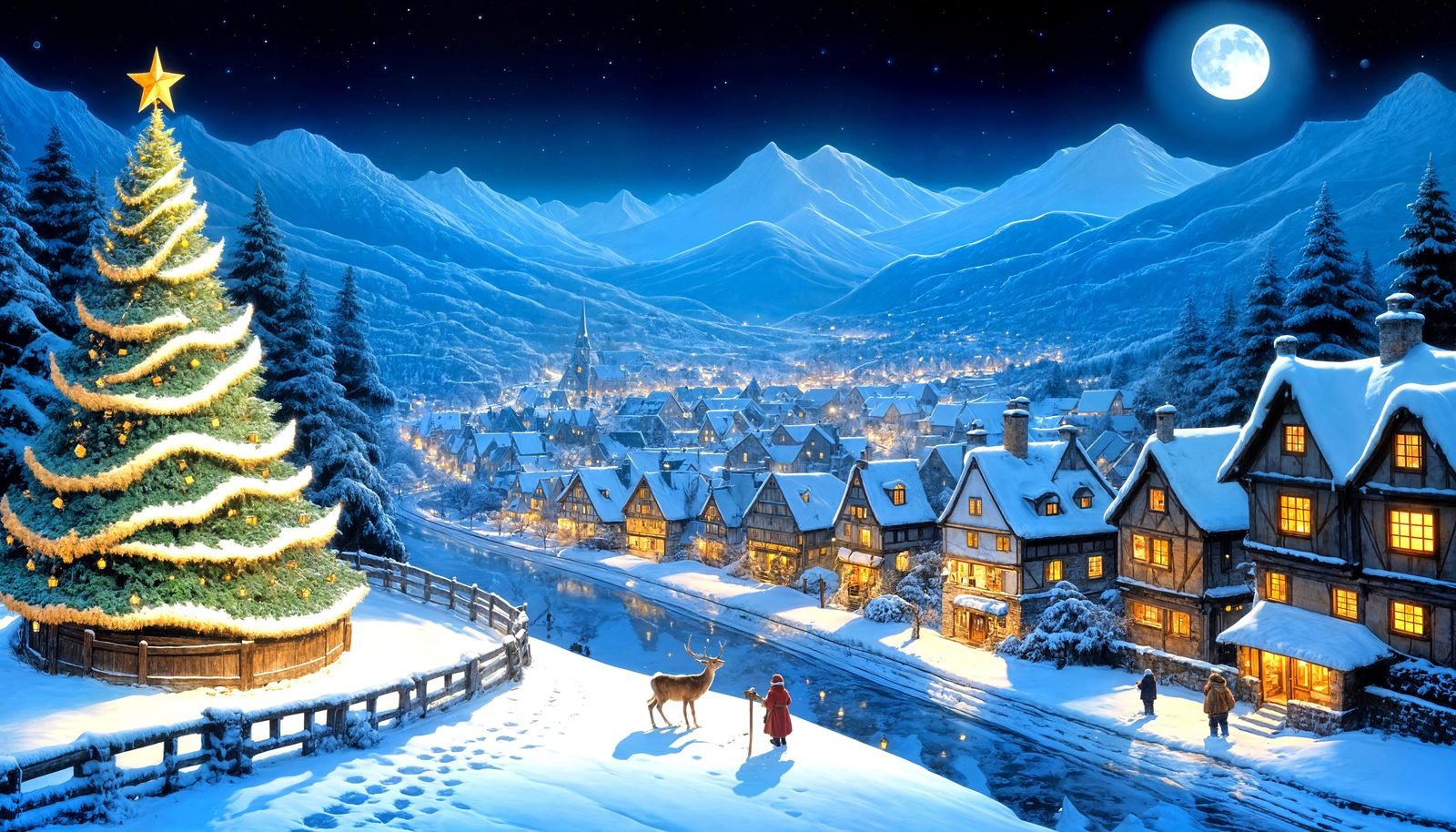 A frosty, clear, and peaceful night envelops a small village nestled in a snowy valley, where every roof, ...  by @Paske Mazuro