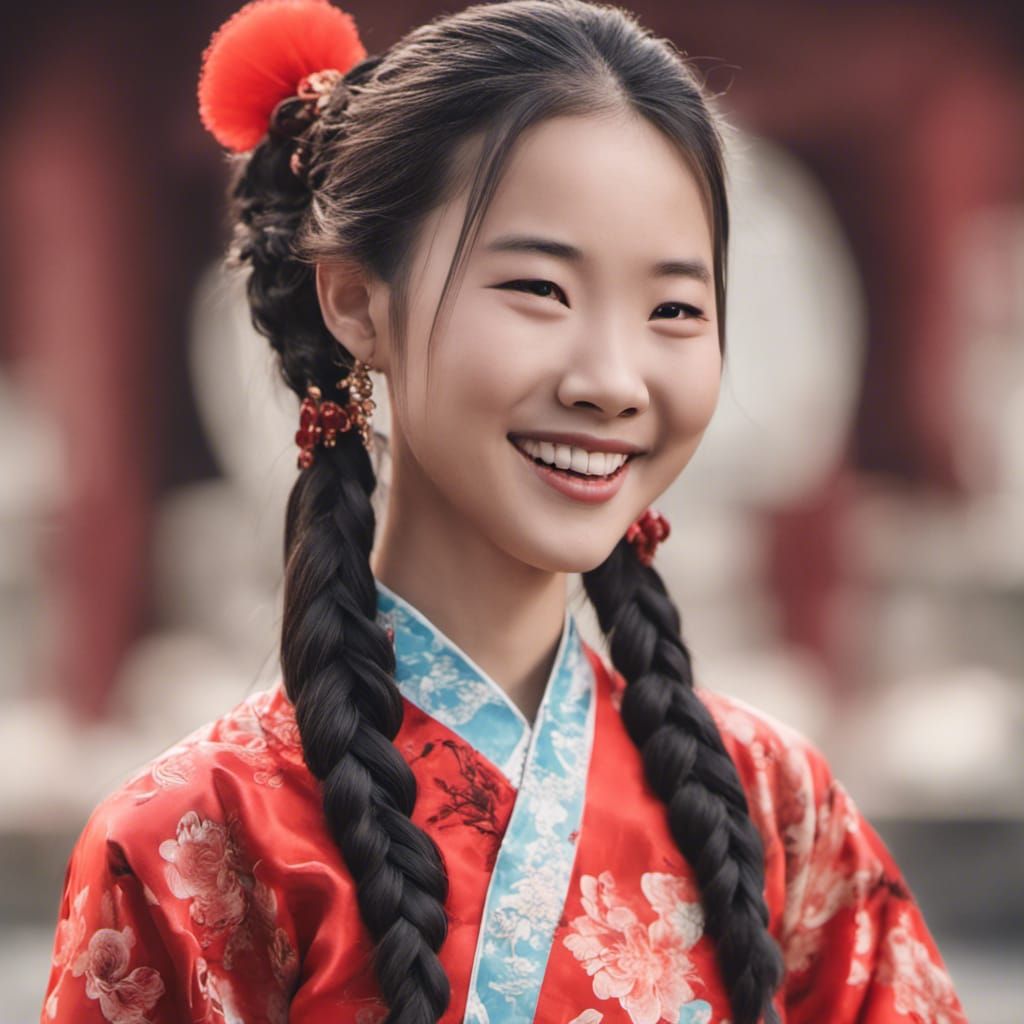 Smiling Chinese girl with red qipao and two long braids, one...