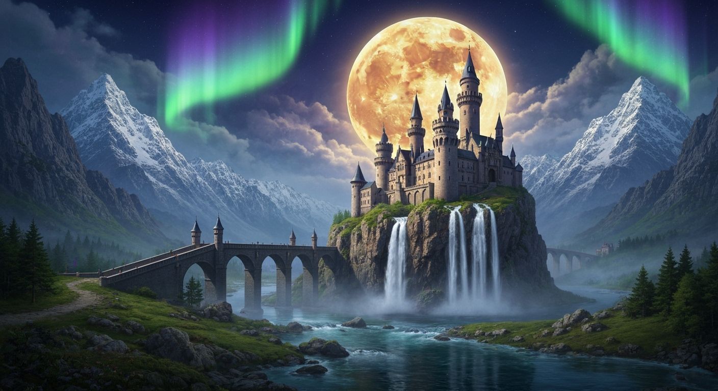 "A breathtaking, epic fantasy landscape. In the center, a magnificent, ancient European-style castle with multiple towers and intricate deta...