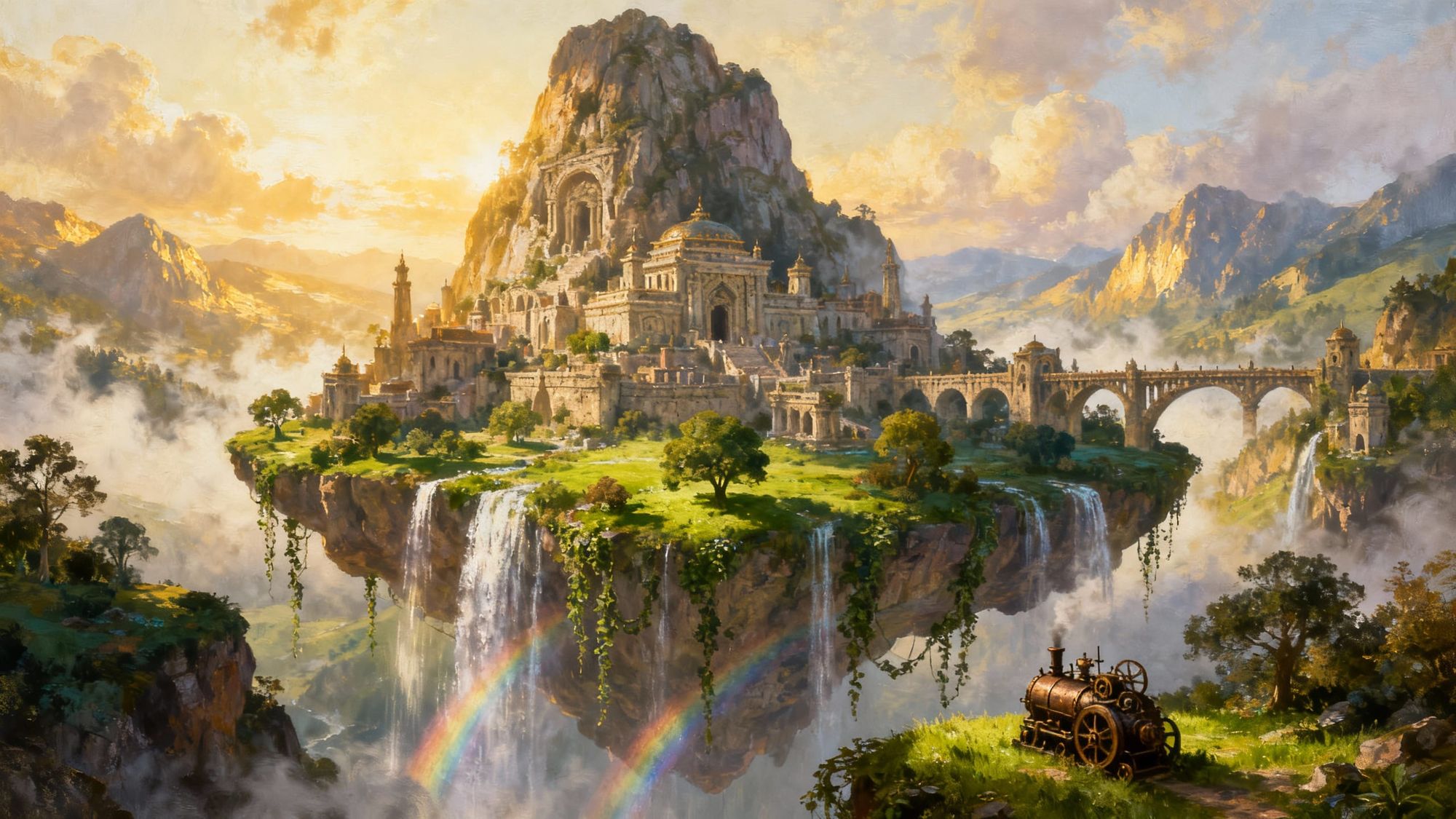A fantastical floating island hovering high above a lush valley, with a majestic ancient city built into a towering mountain at its core. Th...