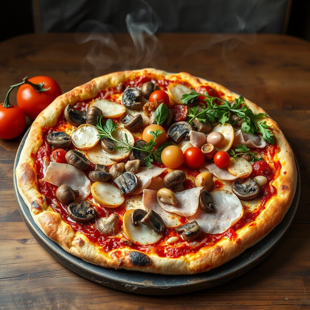 pizza, with mushrooms, ham, delicate vegetables and everything wonderfully fragrant on an old stone plate ...  by @Tyri