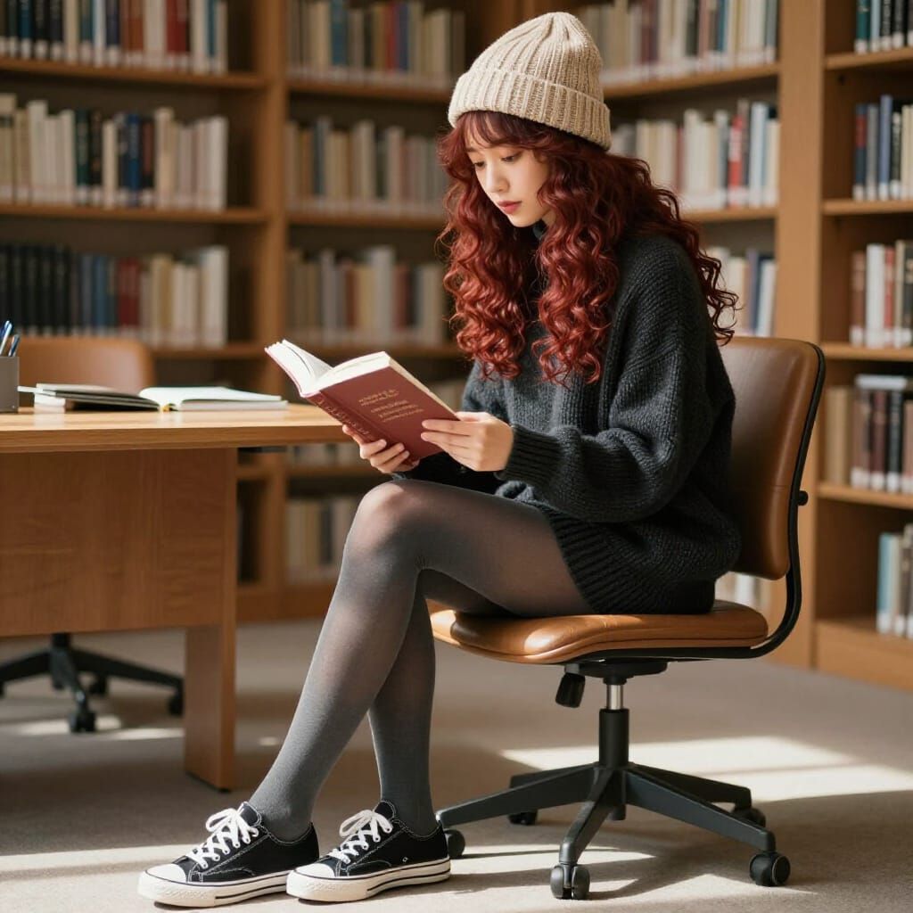 Woman Reading in Library with Morning Sun