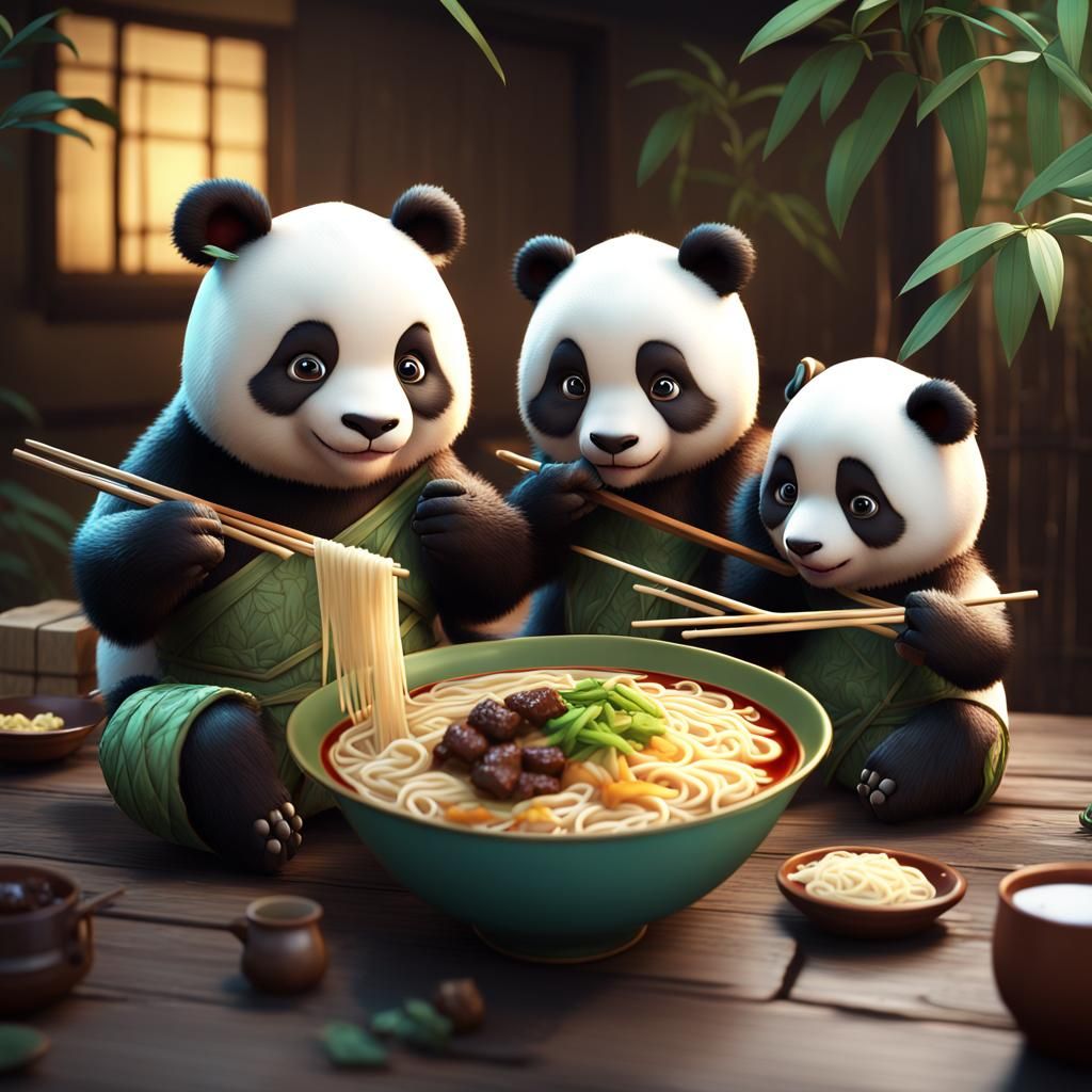A cute panda family that is eating ramen with bamboo chopsticks  by @Chloe