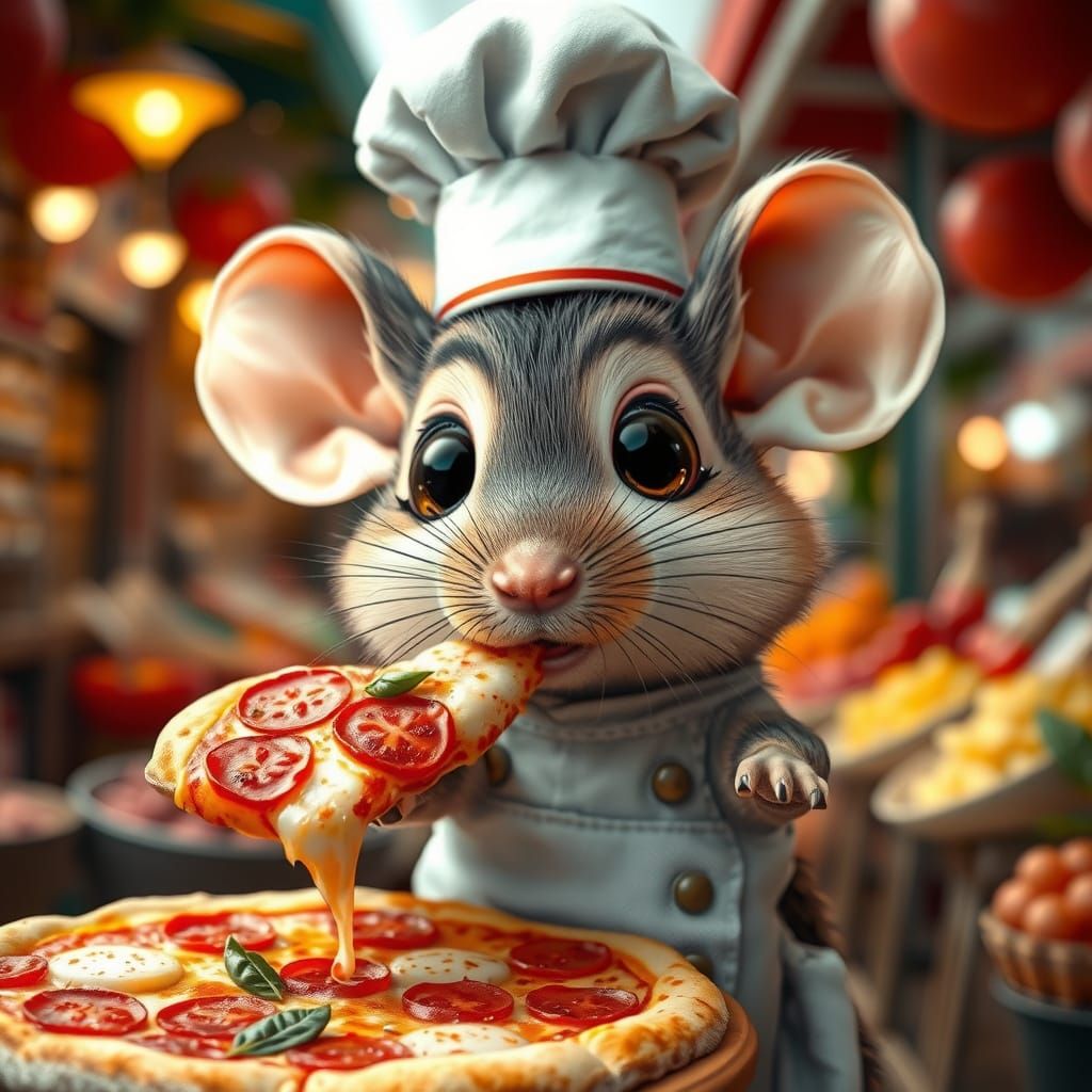 cute adorable pizzaiolo mouse with huge beautiful eyes, eating a slice of pizza margherita ...  by @KrystofM75