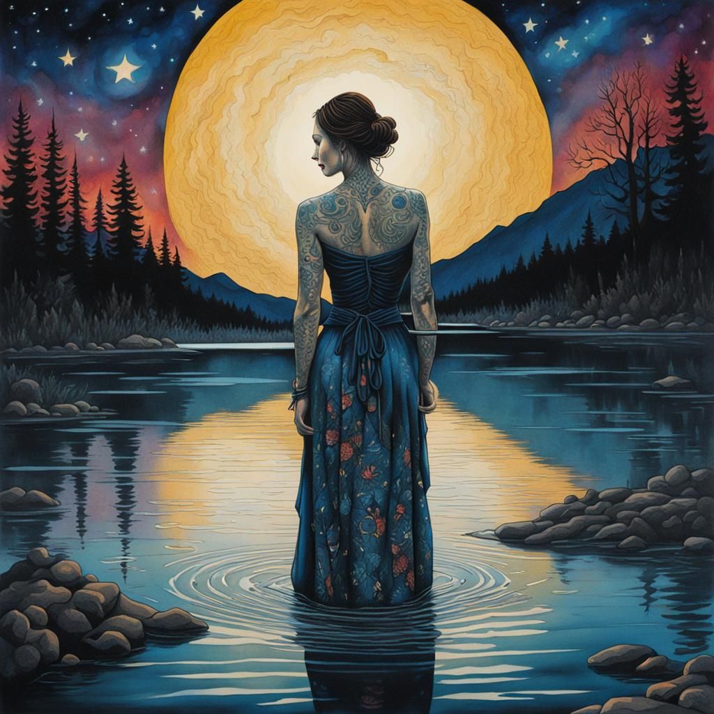 A beautiful tattooed woman  is standing in the river at nigh...