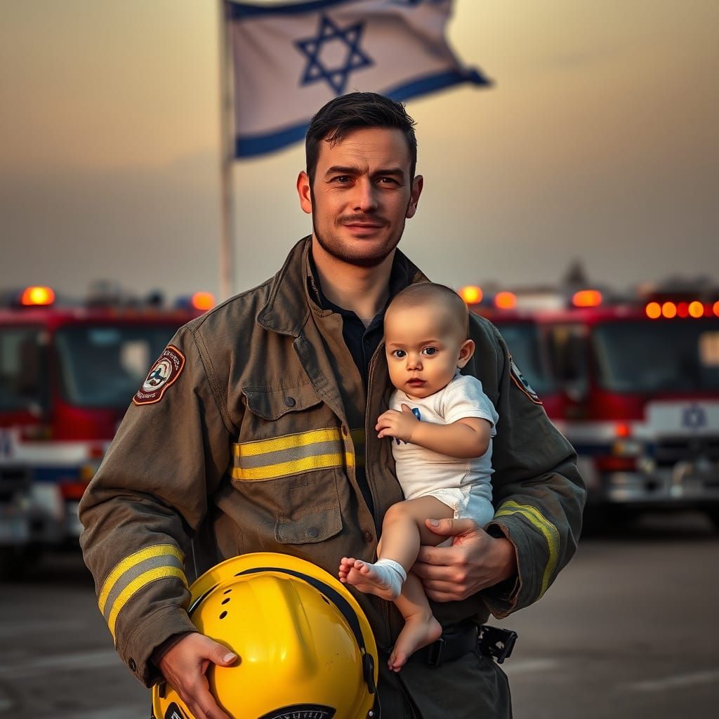 Israeli Firefighter Holding Child After Duty