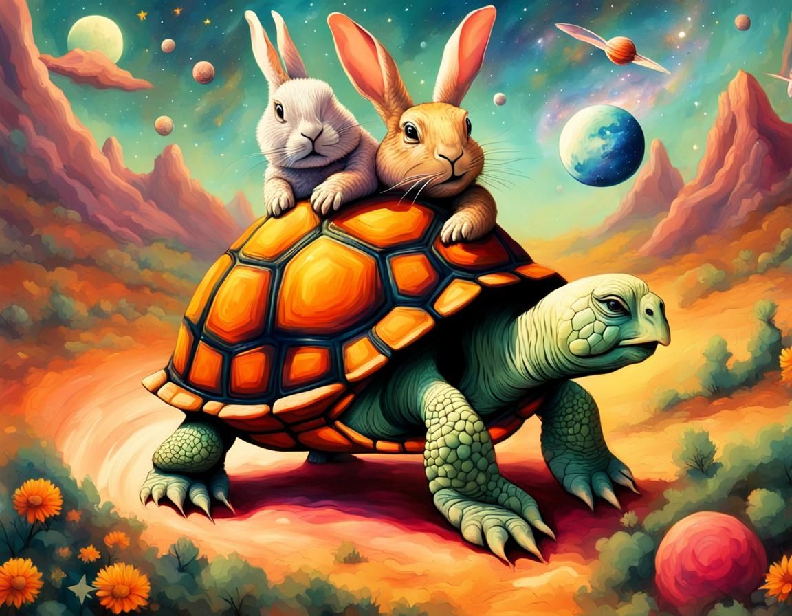 Tortoise wins a race with a rabbit in the space. Surrealism, vibrant ...