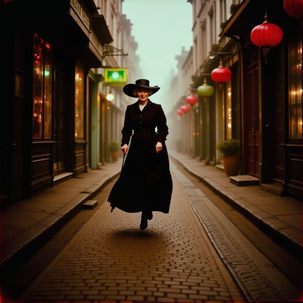 <lora:Glitches:1.0> <lora:Blur:1.0> Old Lady Running in a City Vintage Photo