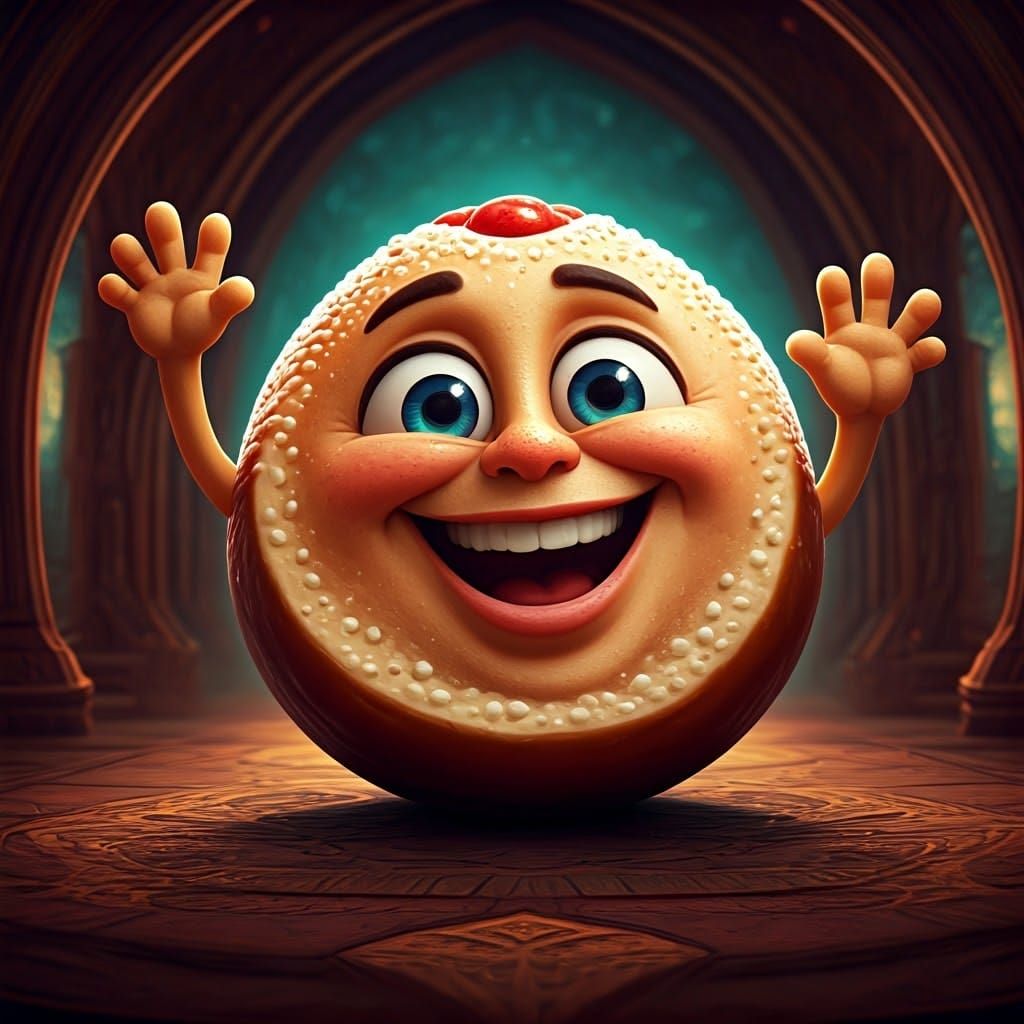 Whimsical Sufganiyah Dances with Joy in Fantasy Realm