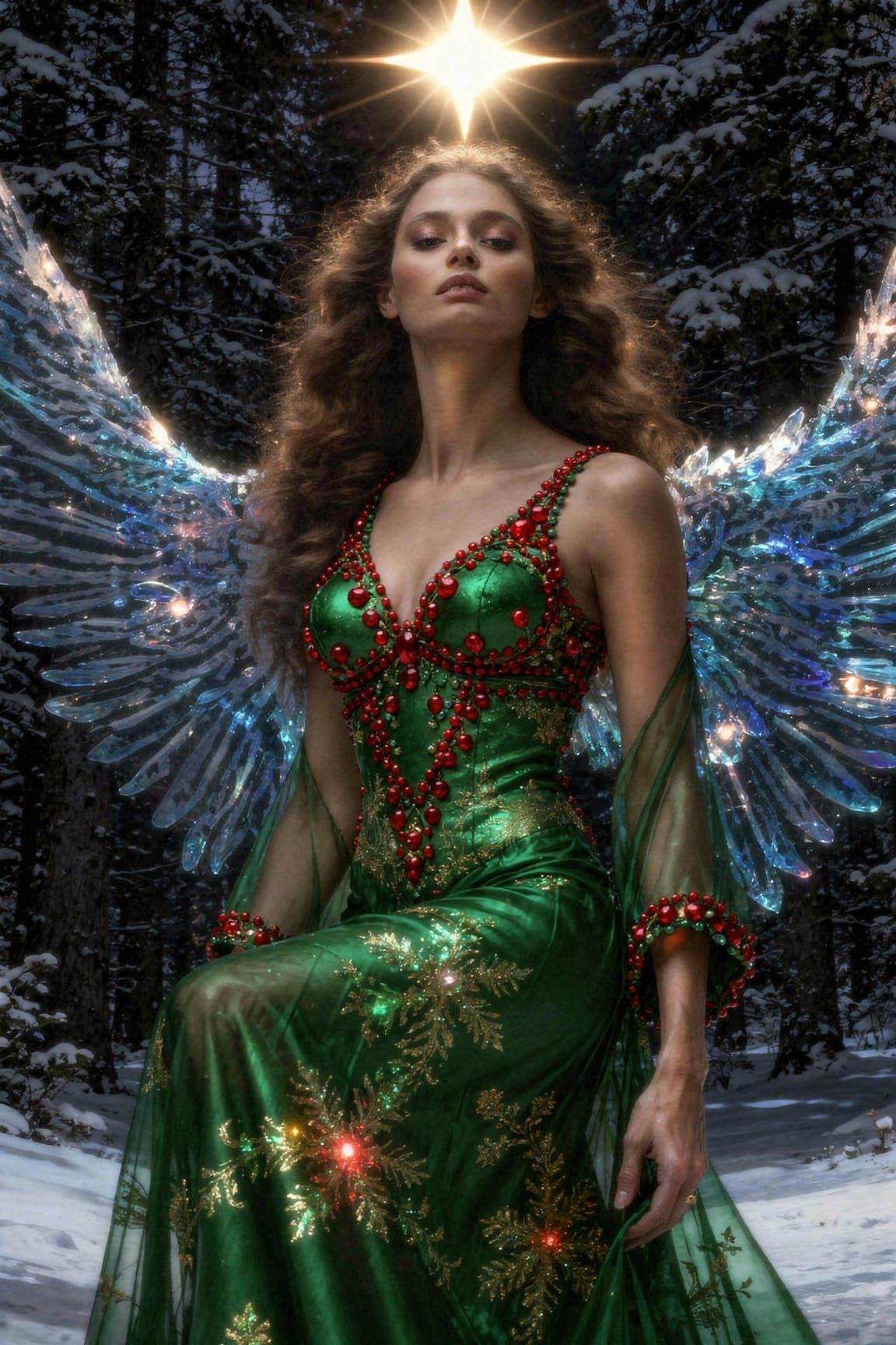 A Christmas Angel Dress in Green & Red Beaded Top, Her Wing are made of Blue Glass like feathers, a Glowing Star shining down on her, a Dark...