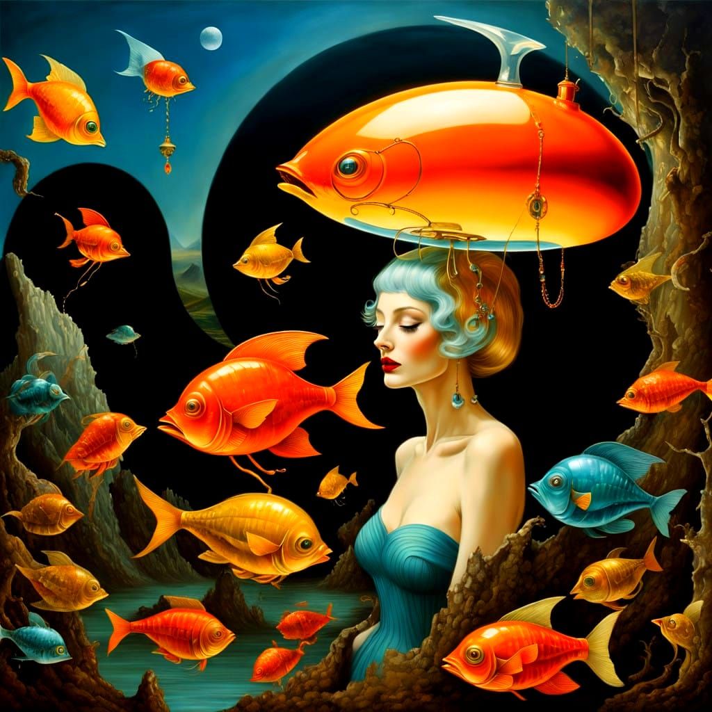 Surrealistic Lady in Vibrant Landscape with Whimsical Elemen...