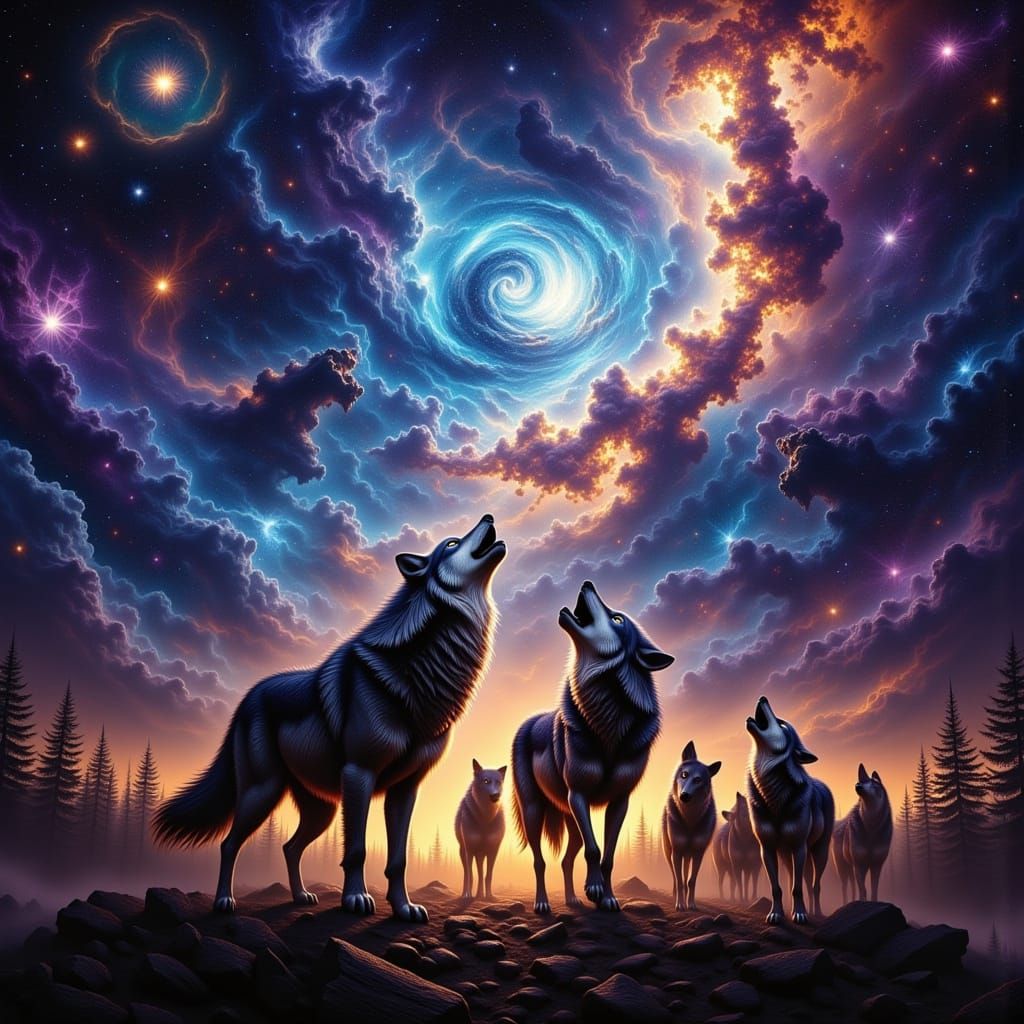 Cosmic Wolf Pack Howling at Nebula in Cinematic Style
