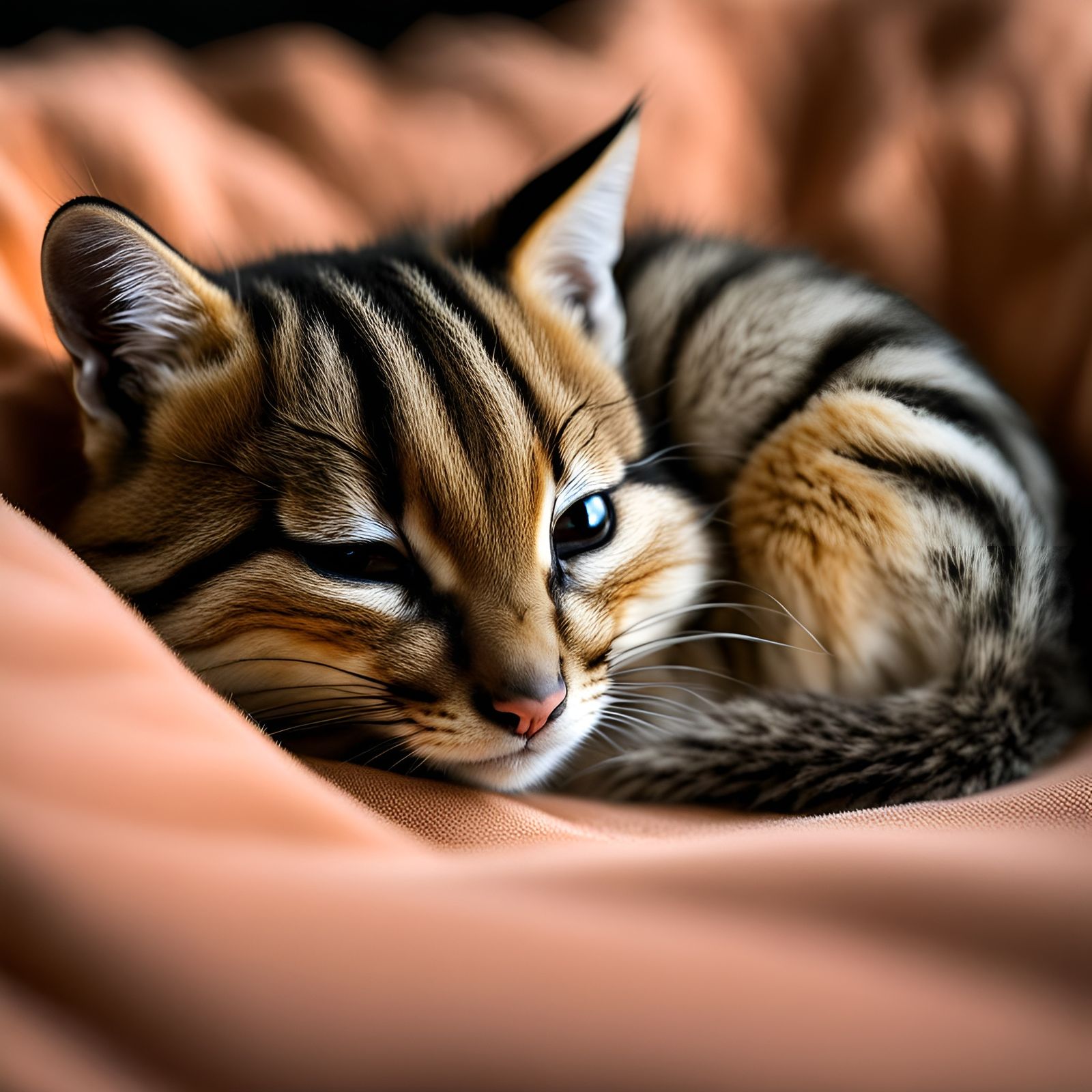 Lilah: an adorable kitty asleep on a pillow, chipmunk hybrid