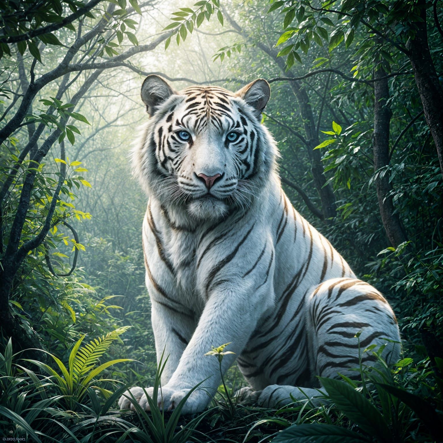 albino tiger, Indian jungle surrounding,  by @Marzian 7