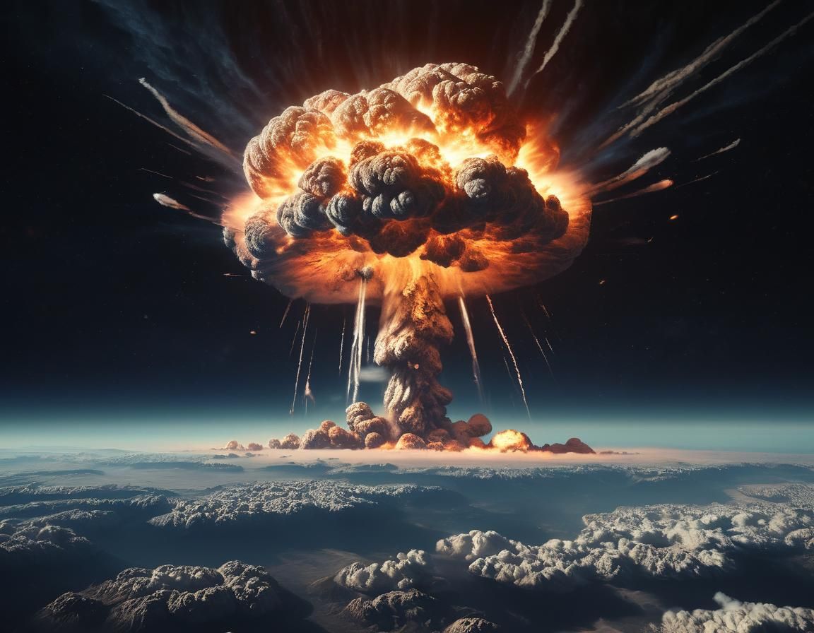 Create nuclear mega giant explosions which we see from orbit hyper realistic and detailed with crispy sharp focus, 132k ultra-HDR