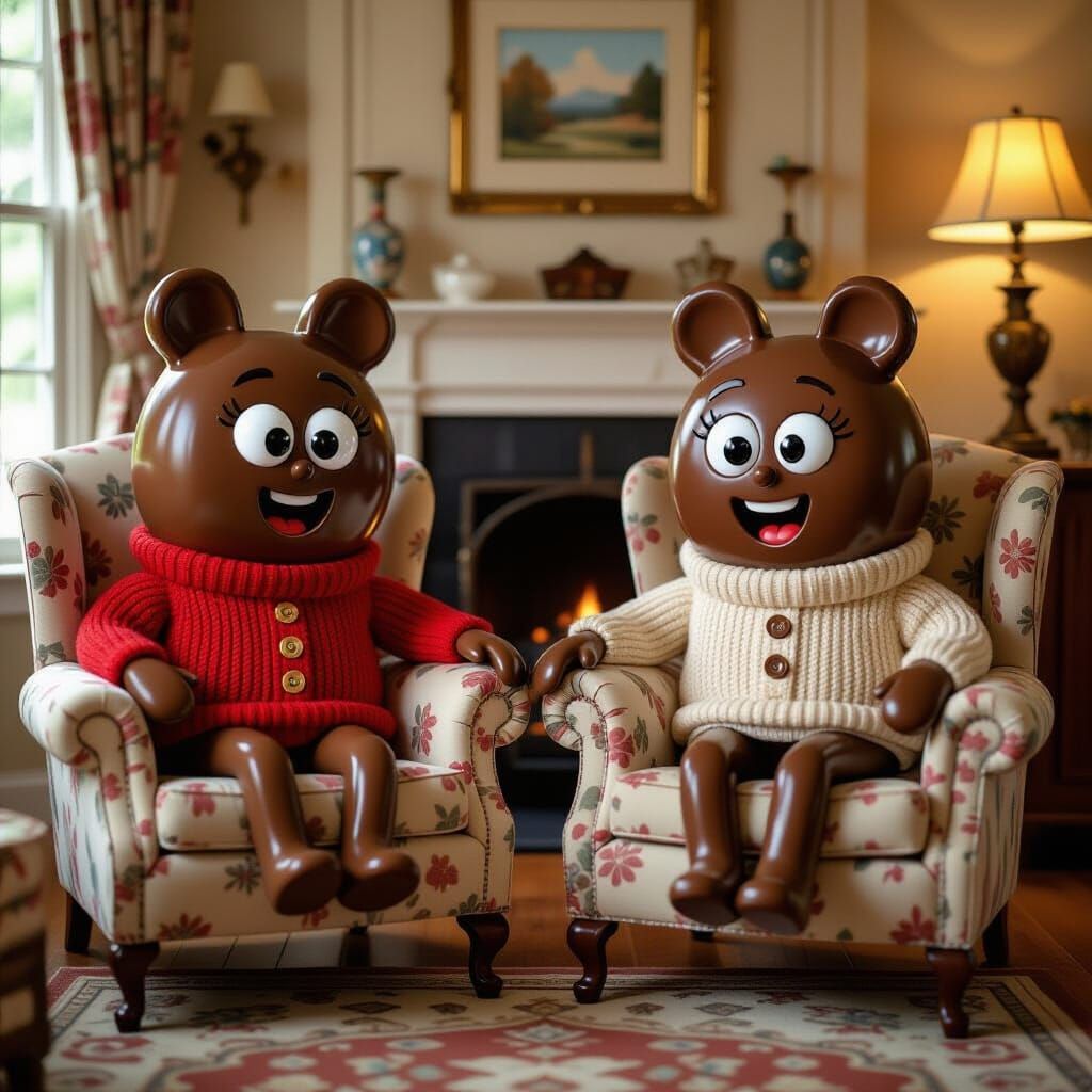 Anthropomorphic Chocolate Bags Relaxing in Cozy Home