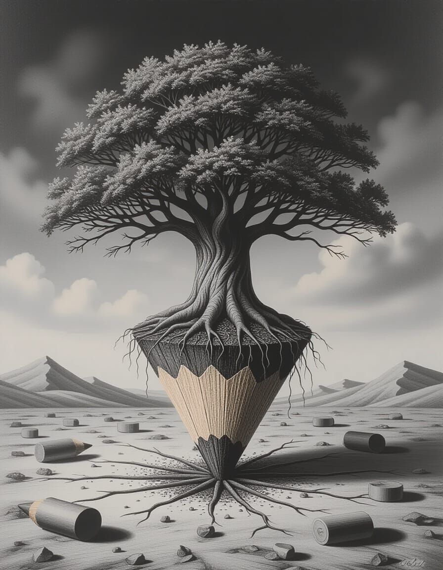 A colossal, ancient tree grows from a single, oversized graphite pencil, its branches forming intricate patterns of graphite dust and wood g...