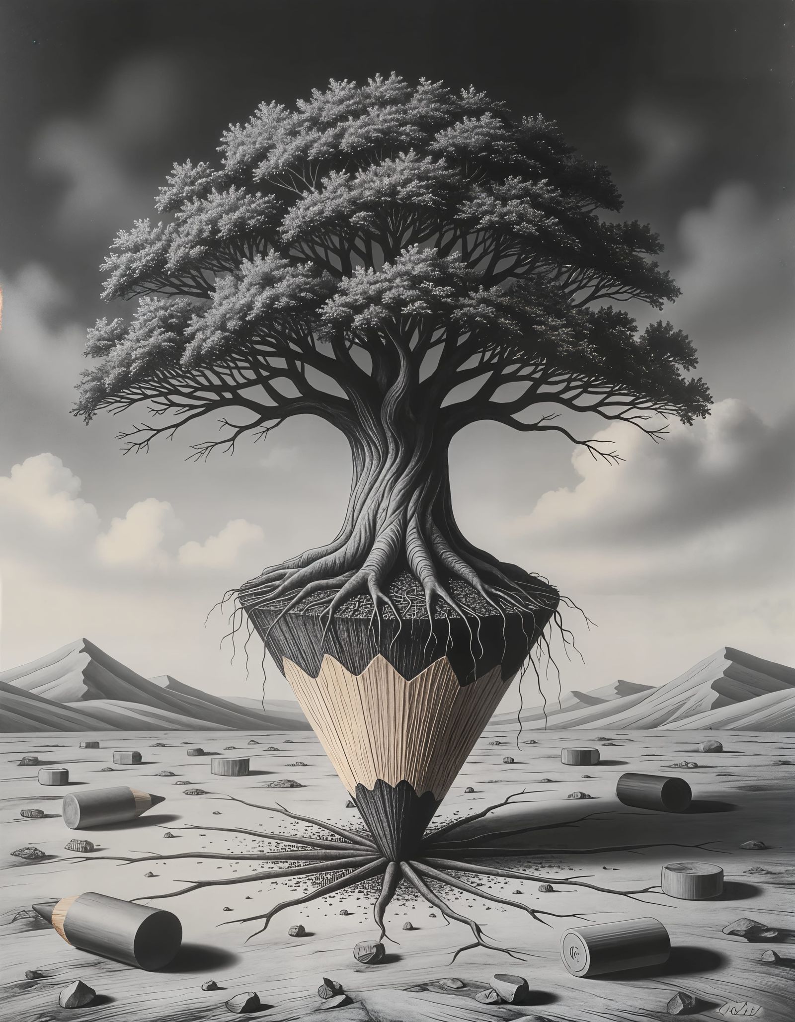 A colossal, ancient tree grows from a single, oversized graphite pencil, its branches forming intricate ...  by @Joe