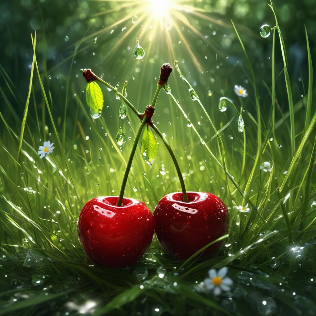Hyperrealistic Cherries in a Sunlit Meadow