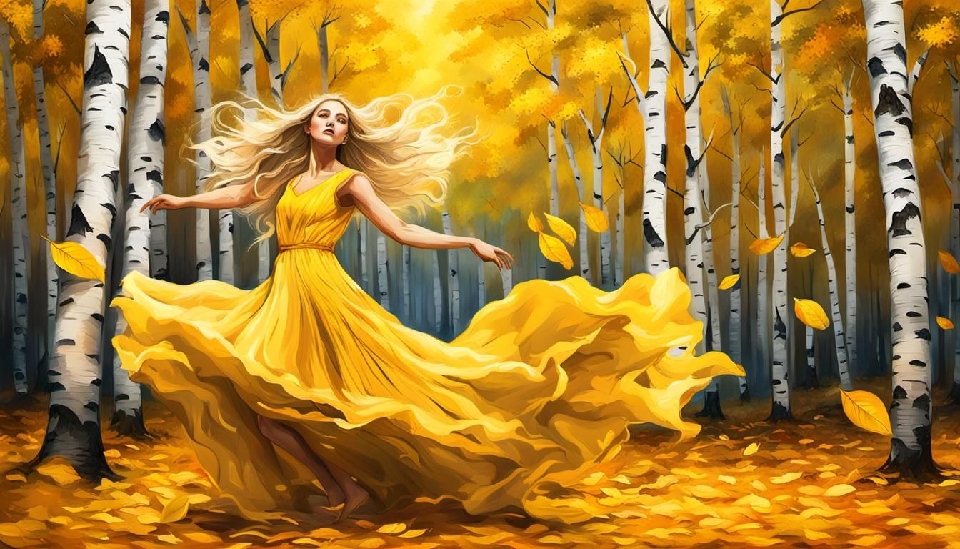 In a birch forest with yellow leaves, a girl with long blonde hair dances in a long, fluffy yellow dress. ...  by @John Doe