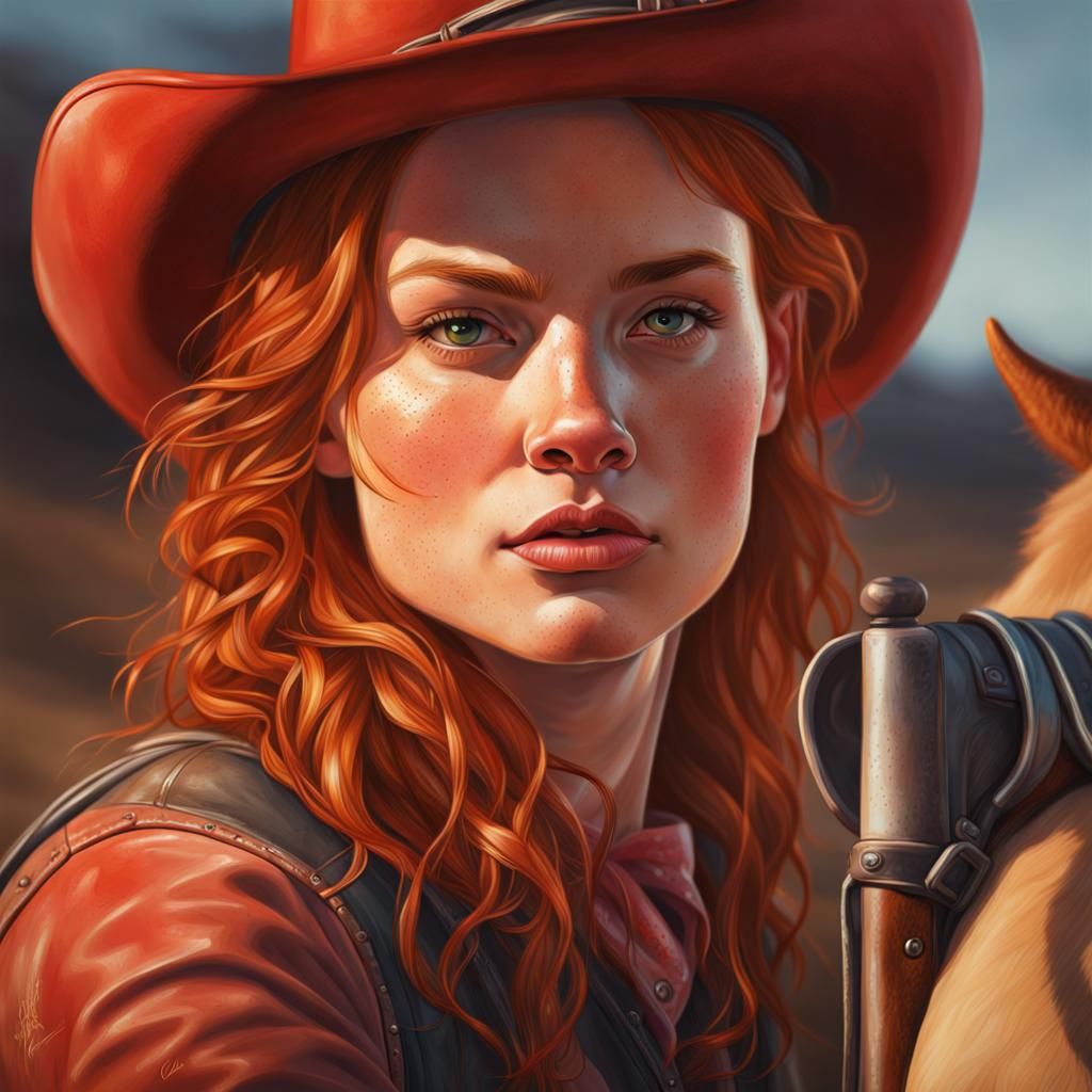 Red head cow girl at the range - AI Generated Artwork - NightCafe Creator