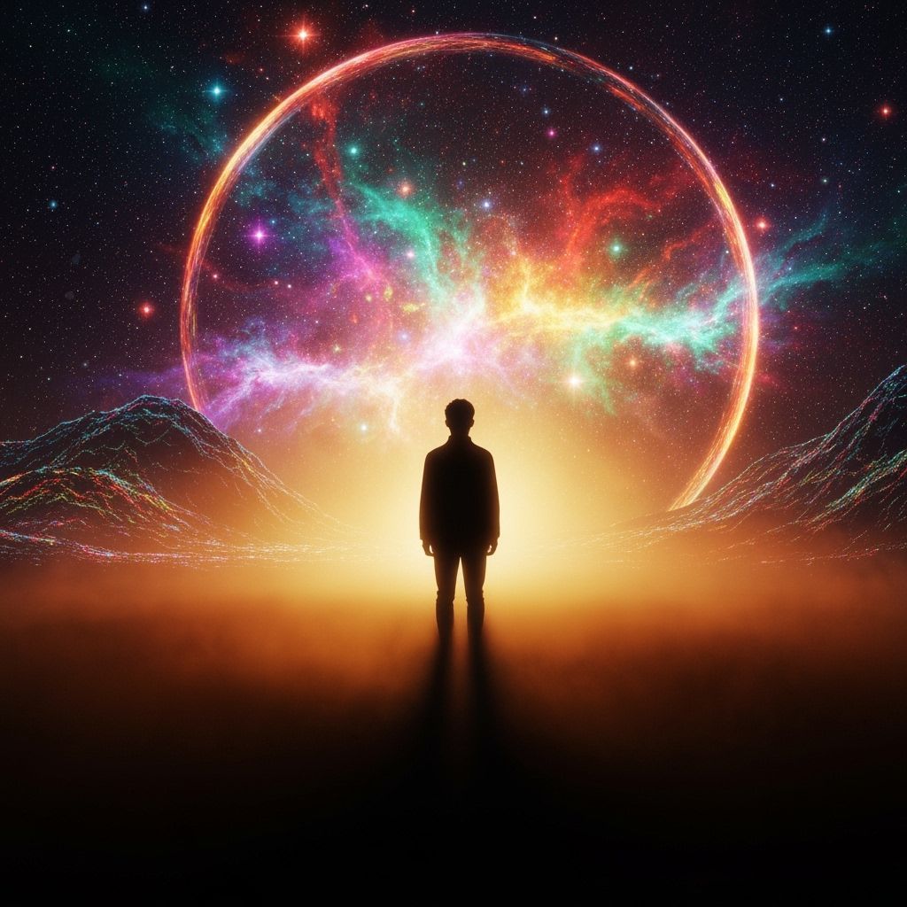 Mystical Figure in Kaleidoscopic Neon Landscape