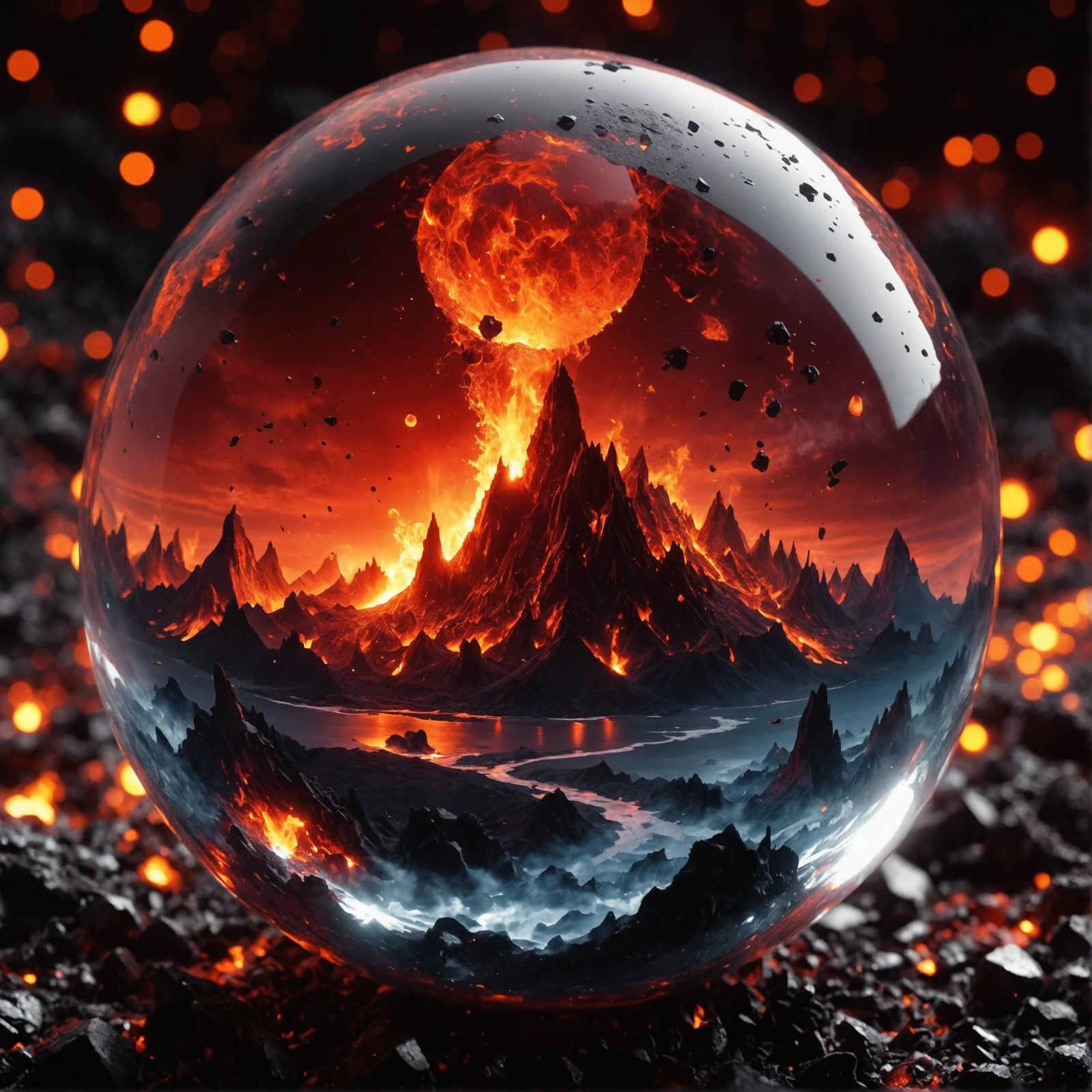 <lora:Cracked glass:1.0> <lora:Glass:1.0> A crystal ball showing a volcanic hellscape  by @Dame B
