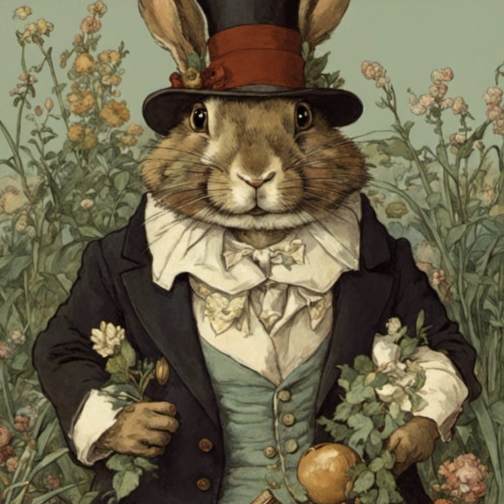 Art by Randolph Caldecott, 8k resolution, a rabbit in Victorianera