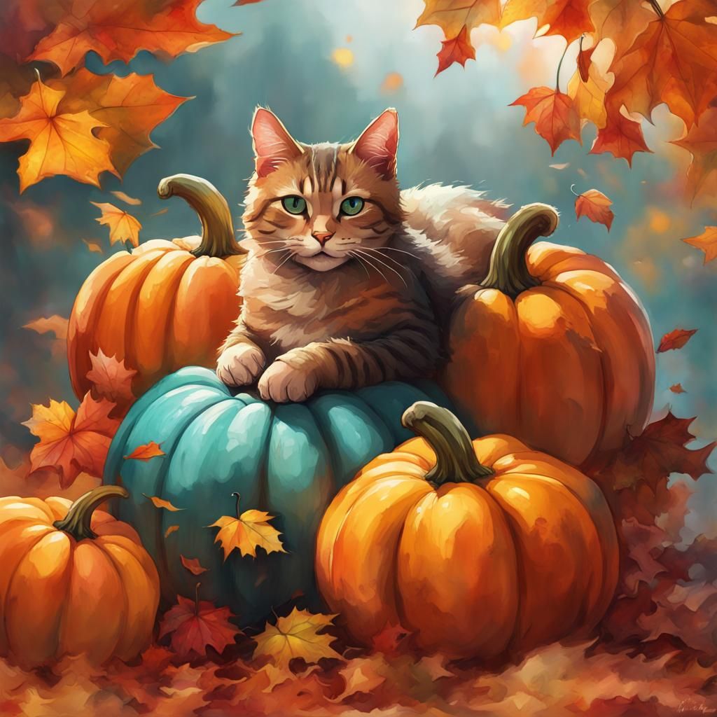 Cat on top of harvested pumpkins - AI Generated Artwork - NightCafe Creator