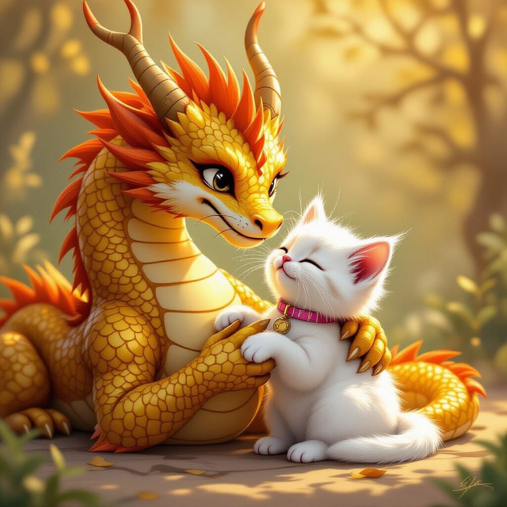 A golden dragon is playing with a white kitten.  by @Nutti3ism