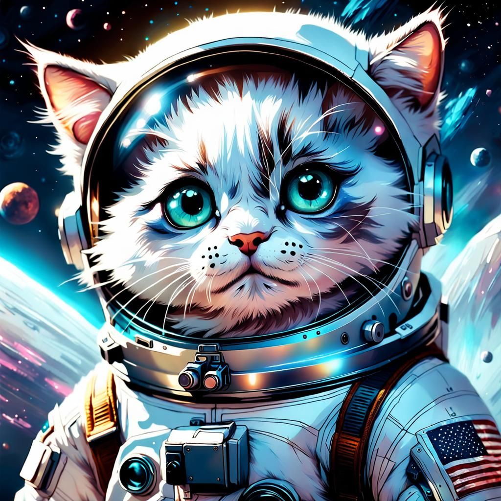 Adorable Cartoon Cat Astronaut in Space Portrait