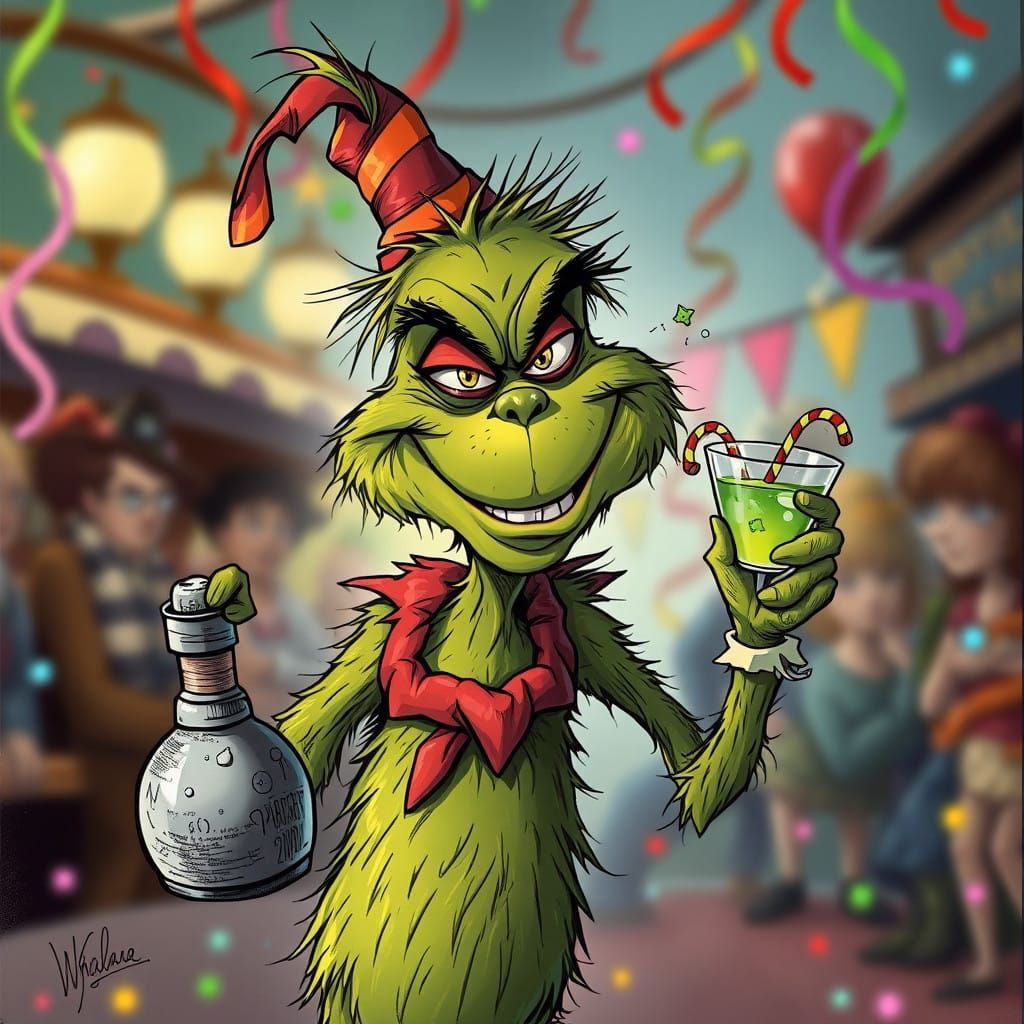 Disheveled Grinch Wears Party Hat at Whoville Bash