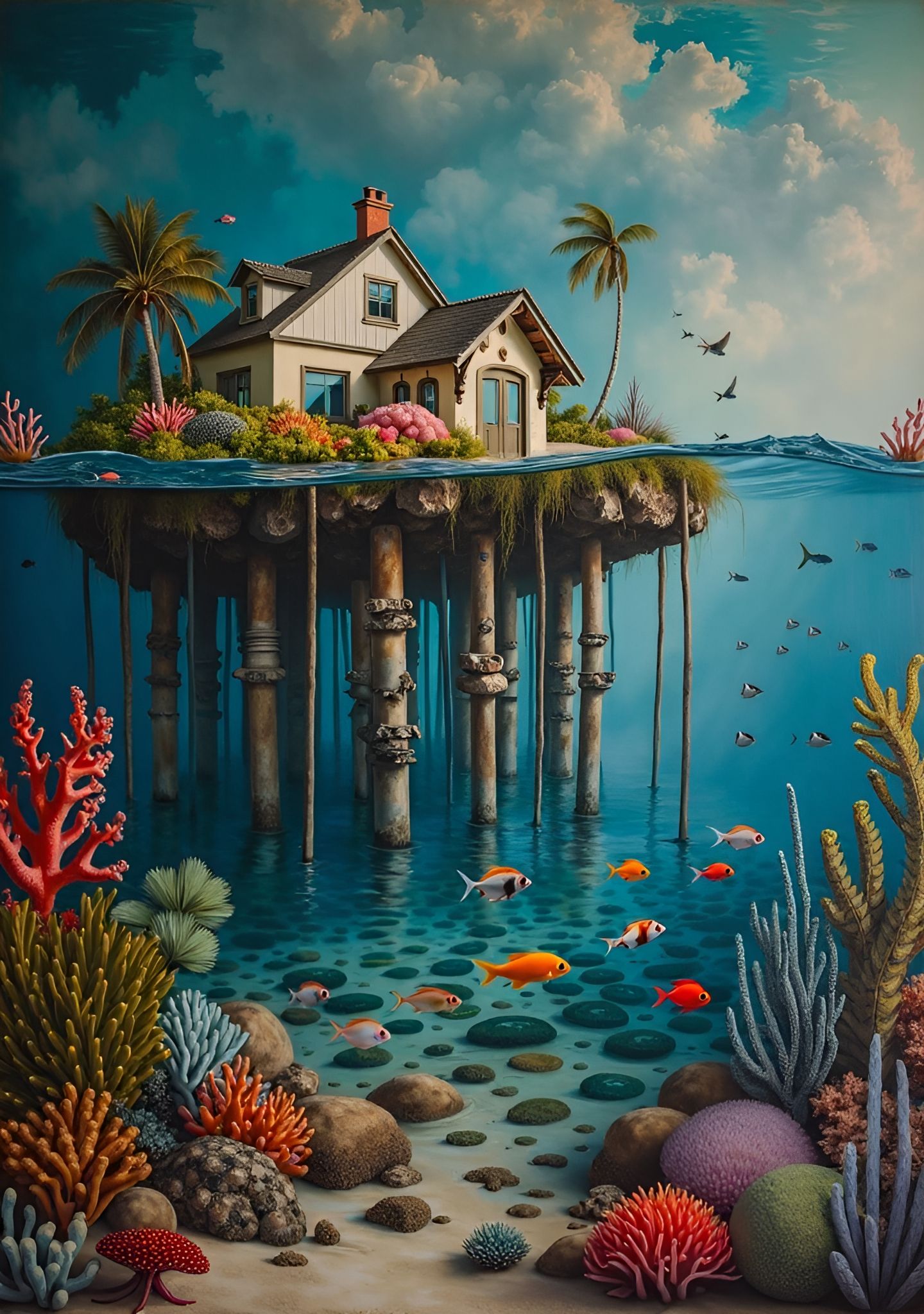 House on an Island and under water scene