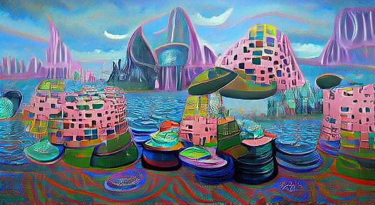 Psychedelic surrealism style floating city futurism hyperrea...