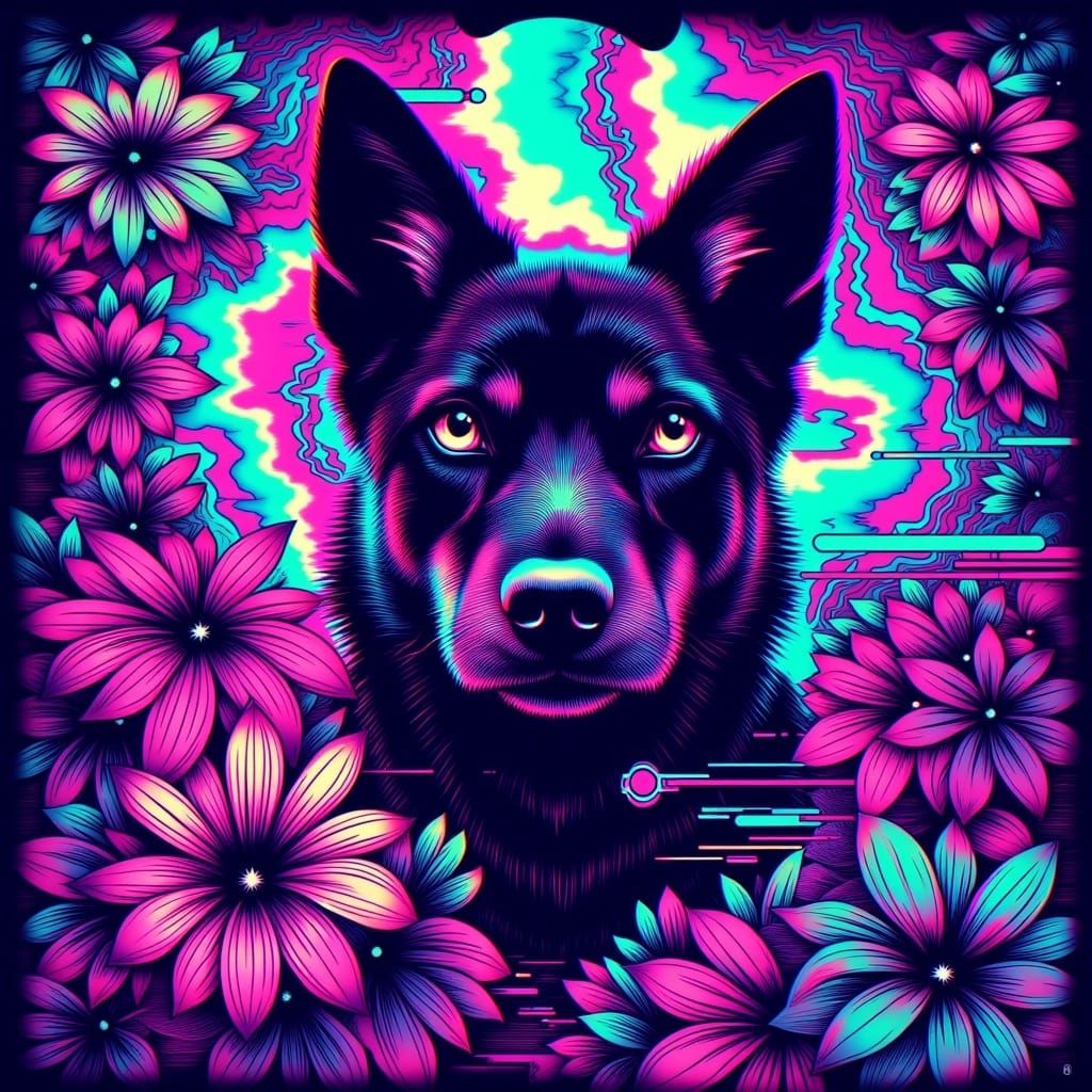  <lora:GlitchRetro:1.0> glitchcore vaporwave glitch effects glitch lines retro bright colorful dog portrait floral digital glitch