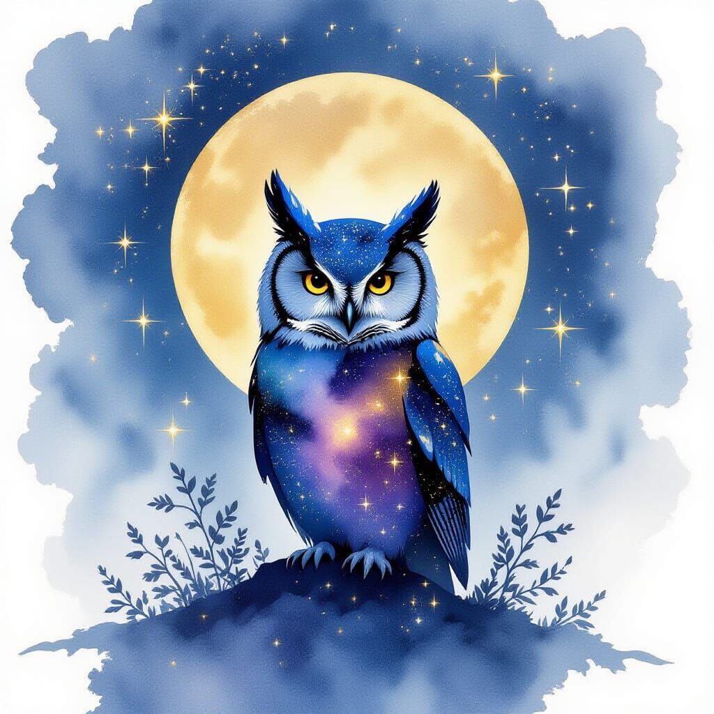 Indigo Galaxy Owl Silhouette in Watercolor Style