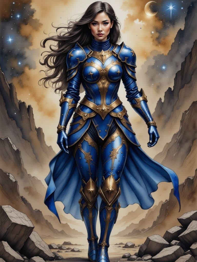 Beautiful female figure, cosmic pattern knight armour, Stellar Drift Boots <lora:Fog Beneath the Brew:1.0>